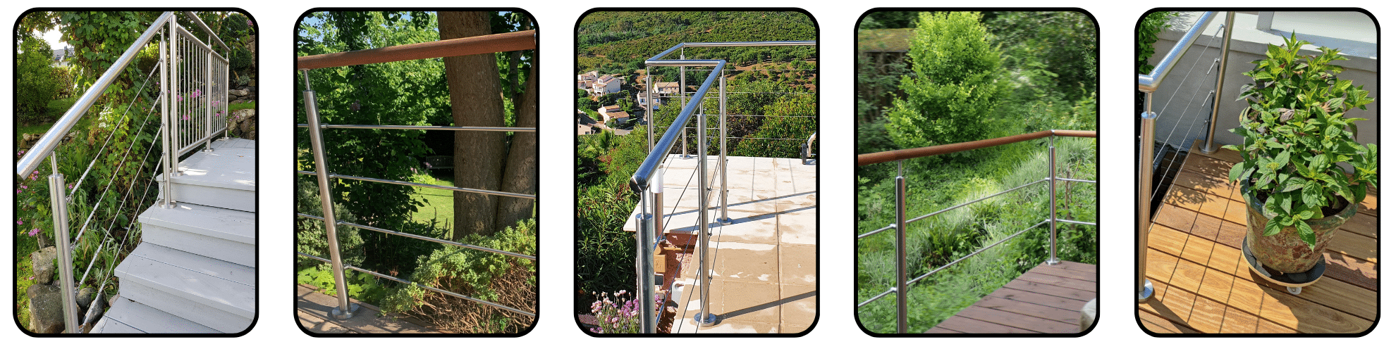 Collage de cinq garde-corps à câbles en inox, installés sur escaliers, terrasses et balcons avec différents types de mains courantes.