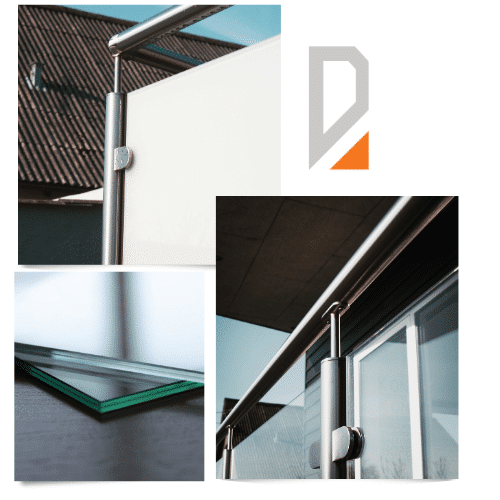 Gros plan sur garde-corps en acier inoxydable avec verre feuilleté de sécurité et main courante – design moderne et robuste.