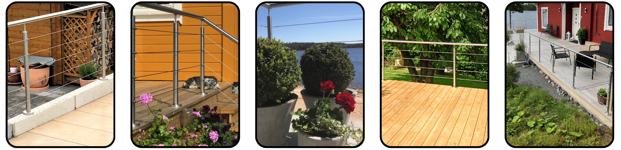 Collage de cinq garde-corps à câbles en inox installés sur des terrasses, escaliers et patios dans divers aménagements de jardin.